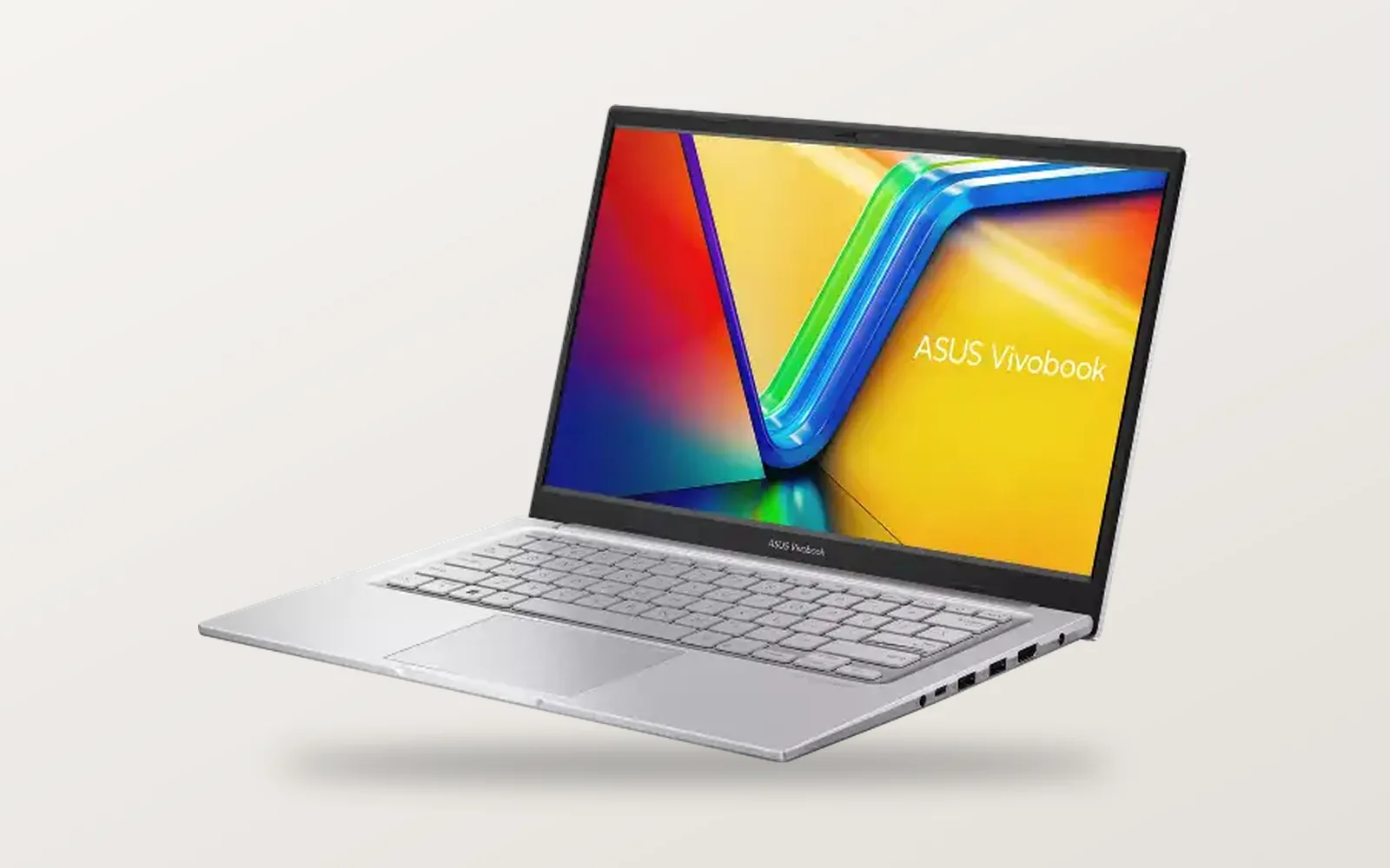 ASUS Vivobook 14 in Cool Silver, open at an angle with the screen on