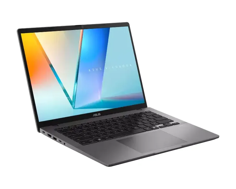 ASUS Vivobook S 14 OLED in Matte Gray, open at an angle