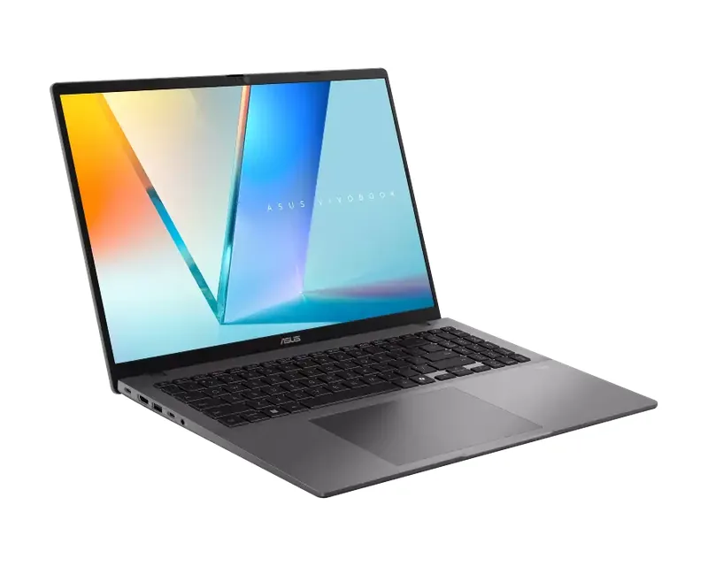 ASUS Vivobook S16 OLED in Matte Gray, open at an angle