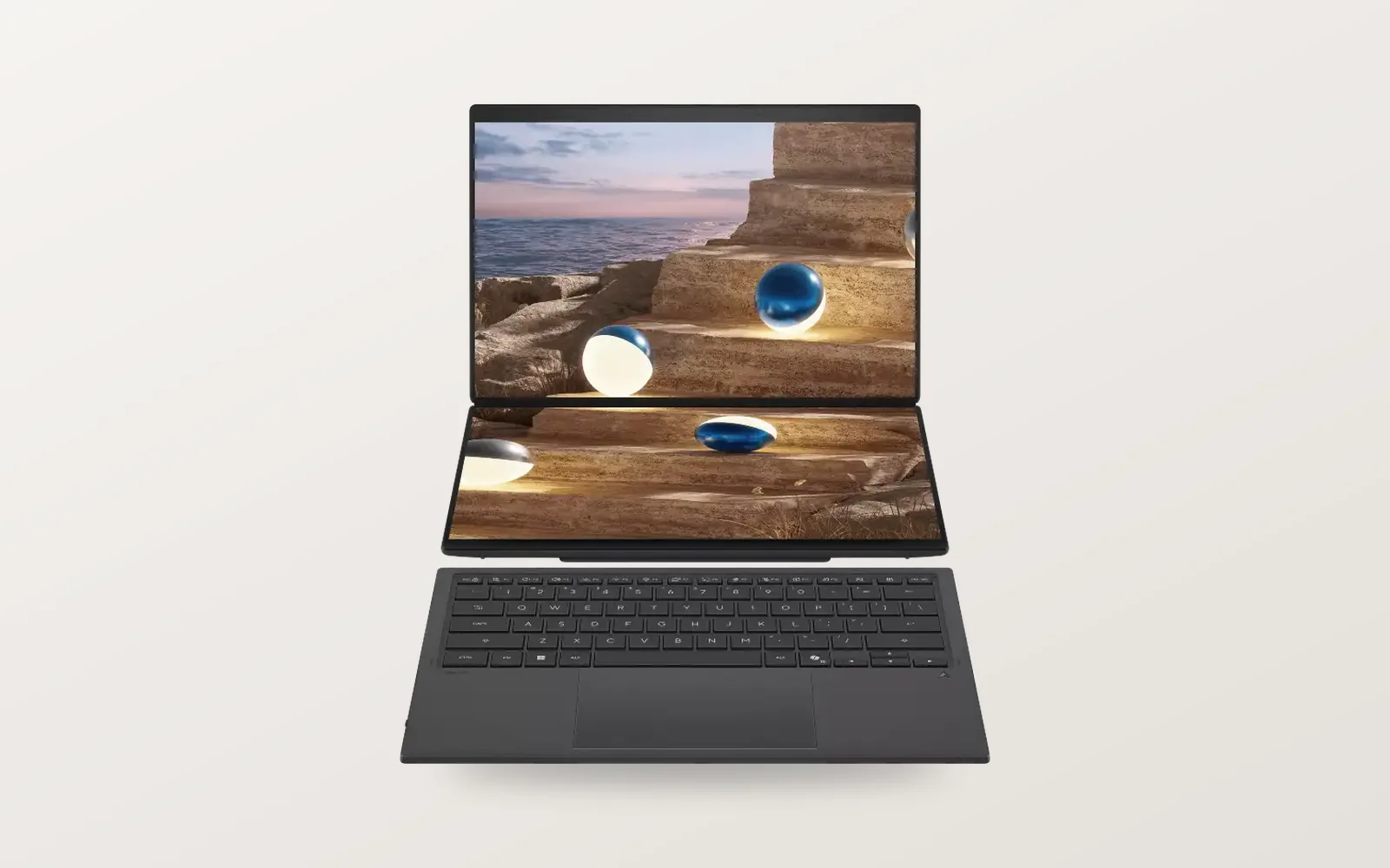 ASUS Zenbook Duo with both OLED screens stacked and the keyboard in front