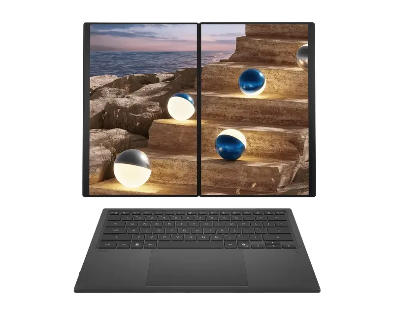 ASUS Zenbook Duo with two screens side by side and the keyboard detached