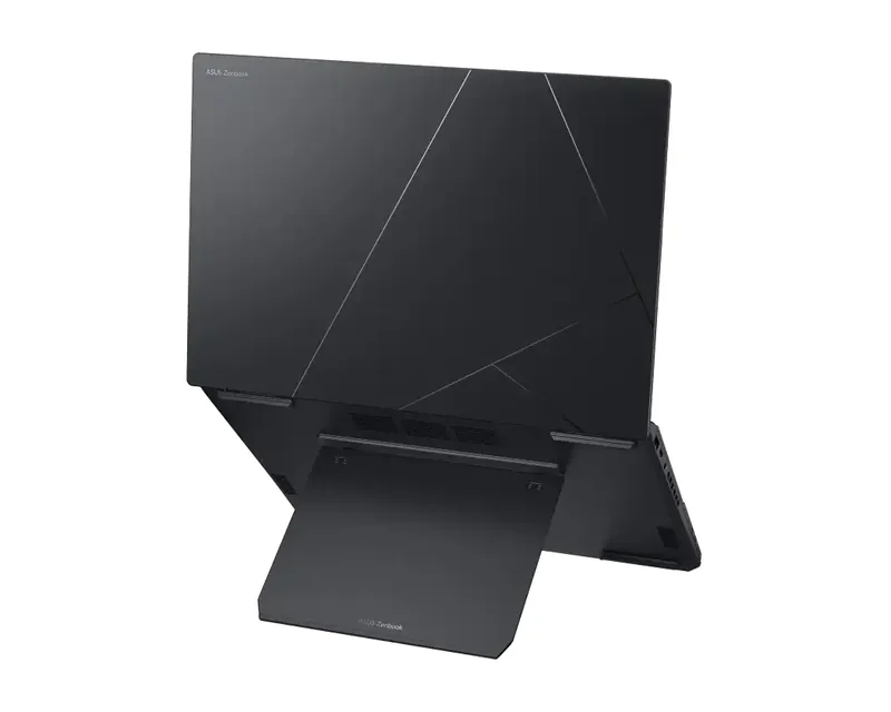 ASUS Zenbook Duo standing on its built-in kickstand, seen from behind