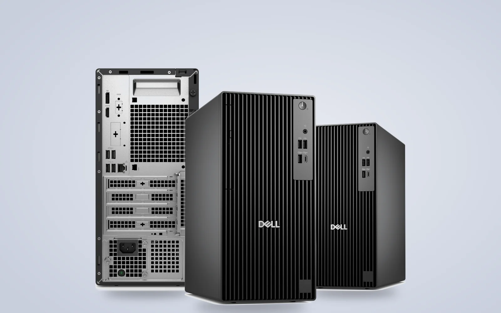 Dell Pro Tower desktop front, side and rear views