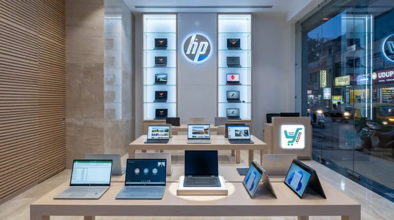 HP laptop display showroom at YourShoppy.com in Koramangala, Bengaluru, featuring various models on wooden tables and shelves