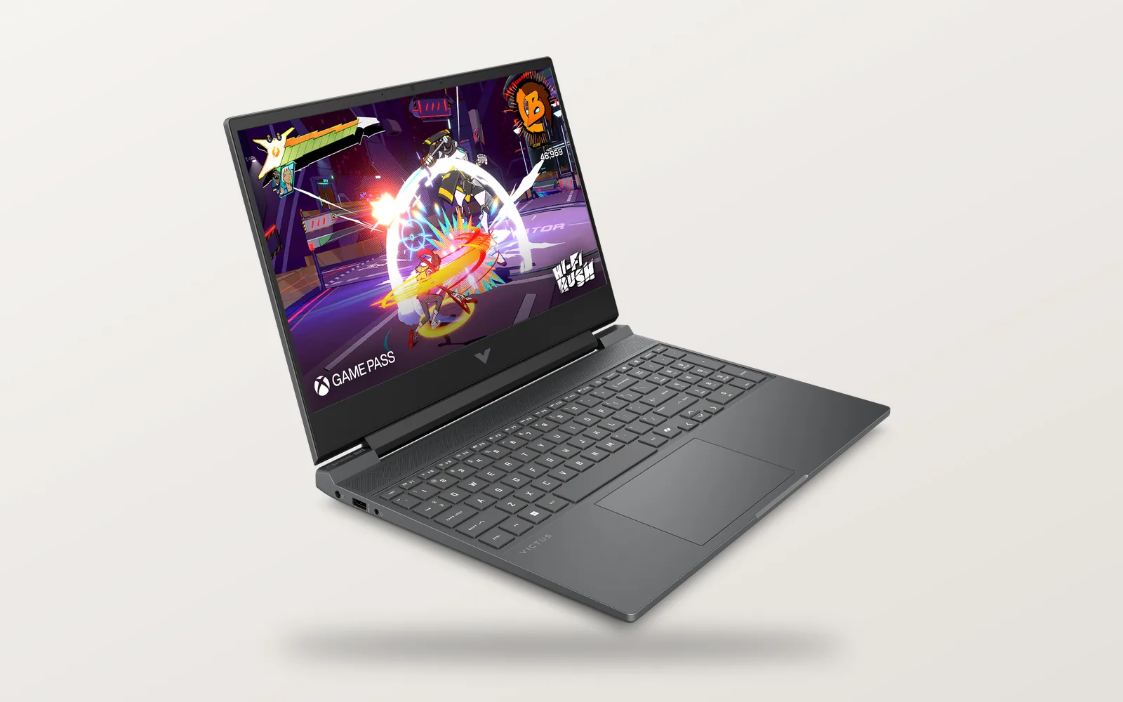 HP Victus 15 gaming laptop in Mica Silver, front three-quarter view