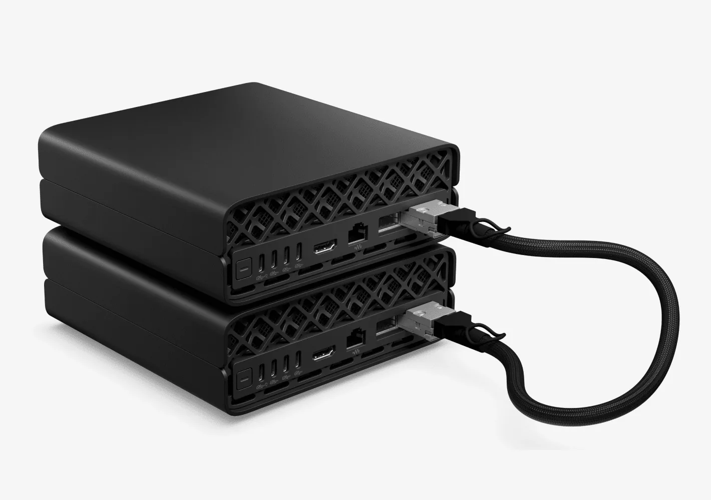 Two HP ZGX Nano AI Stations linked with a QSFP cable