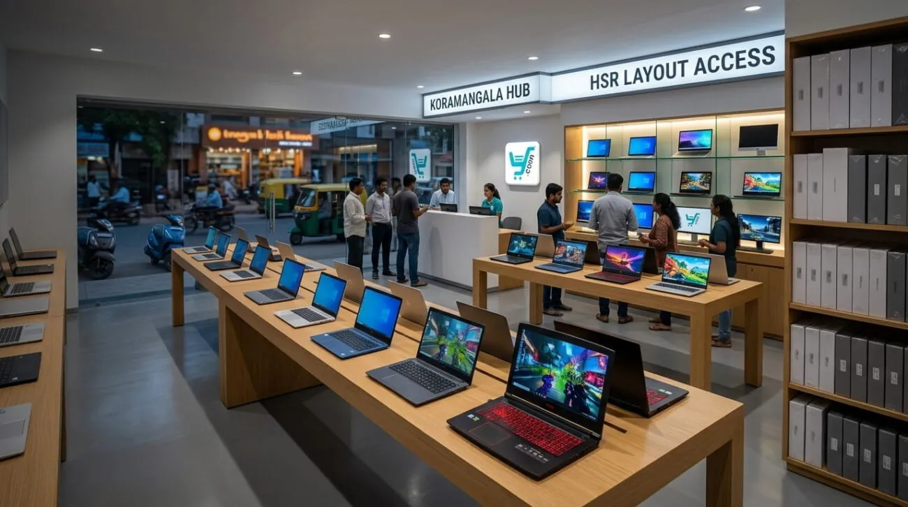 Customers browsing laptops at the YourShoppy.com retail store in Koramangala, Bangalore, featuring a wide display of laptops.