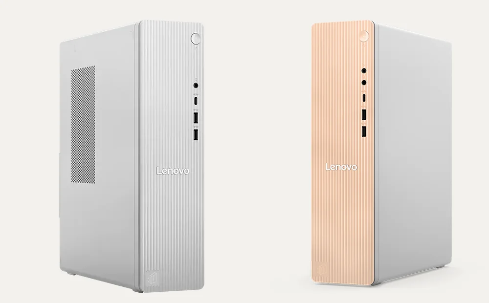Lenovo IdeaCentre Tower with Cloud Grey and Sunglow Orange front bezels