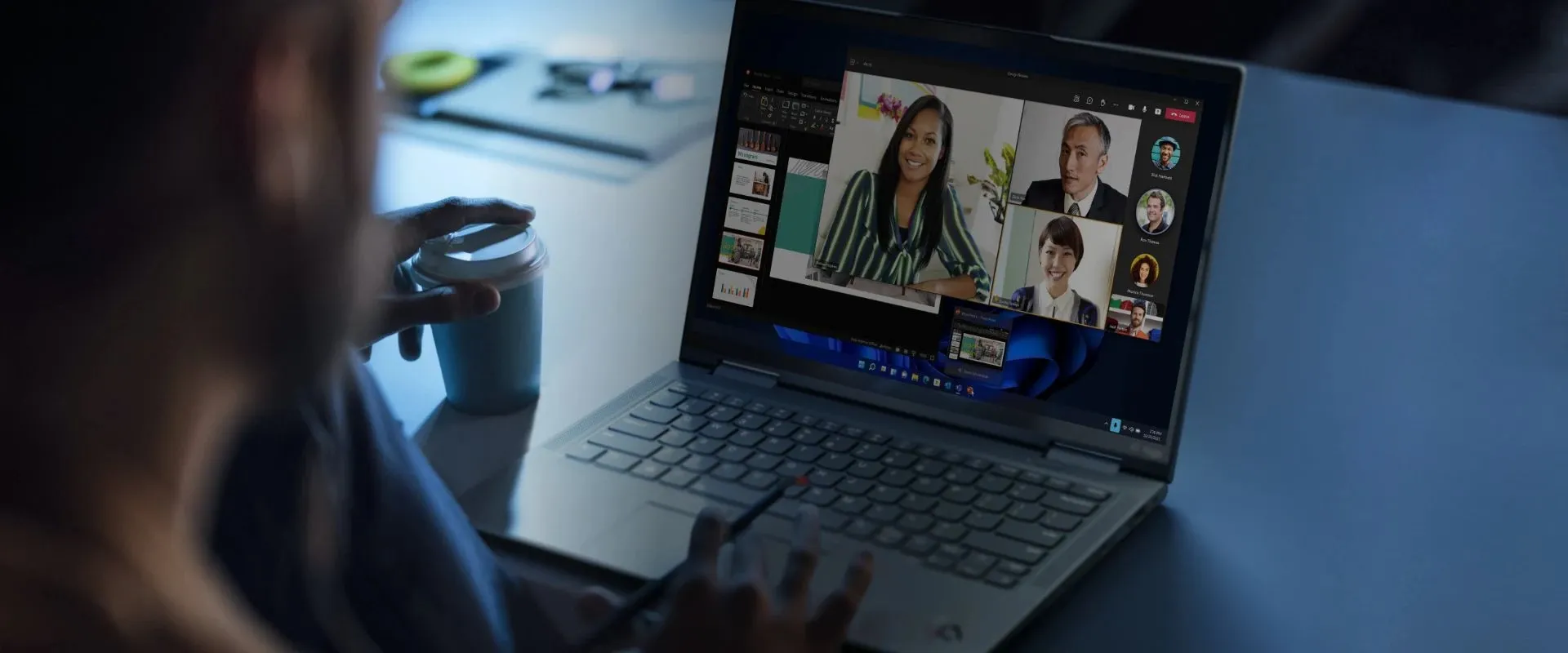 Working on a Lenovo ThinkPad laptop on a video call