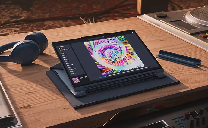 Lenovo Yoga 2-in-1 laptop in tent mode on a desk
