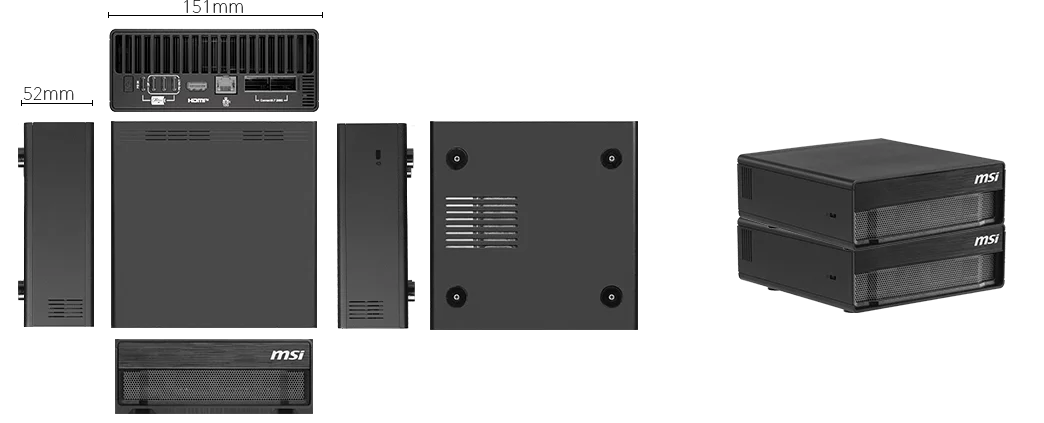 MSI EdgeXpert MS-C931 dimensions 151 x 151 x 52 mm and two units stacked