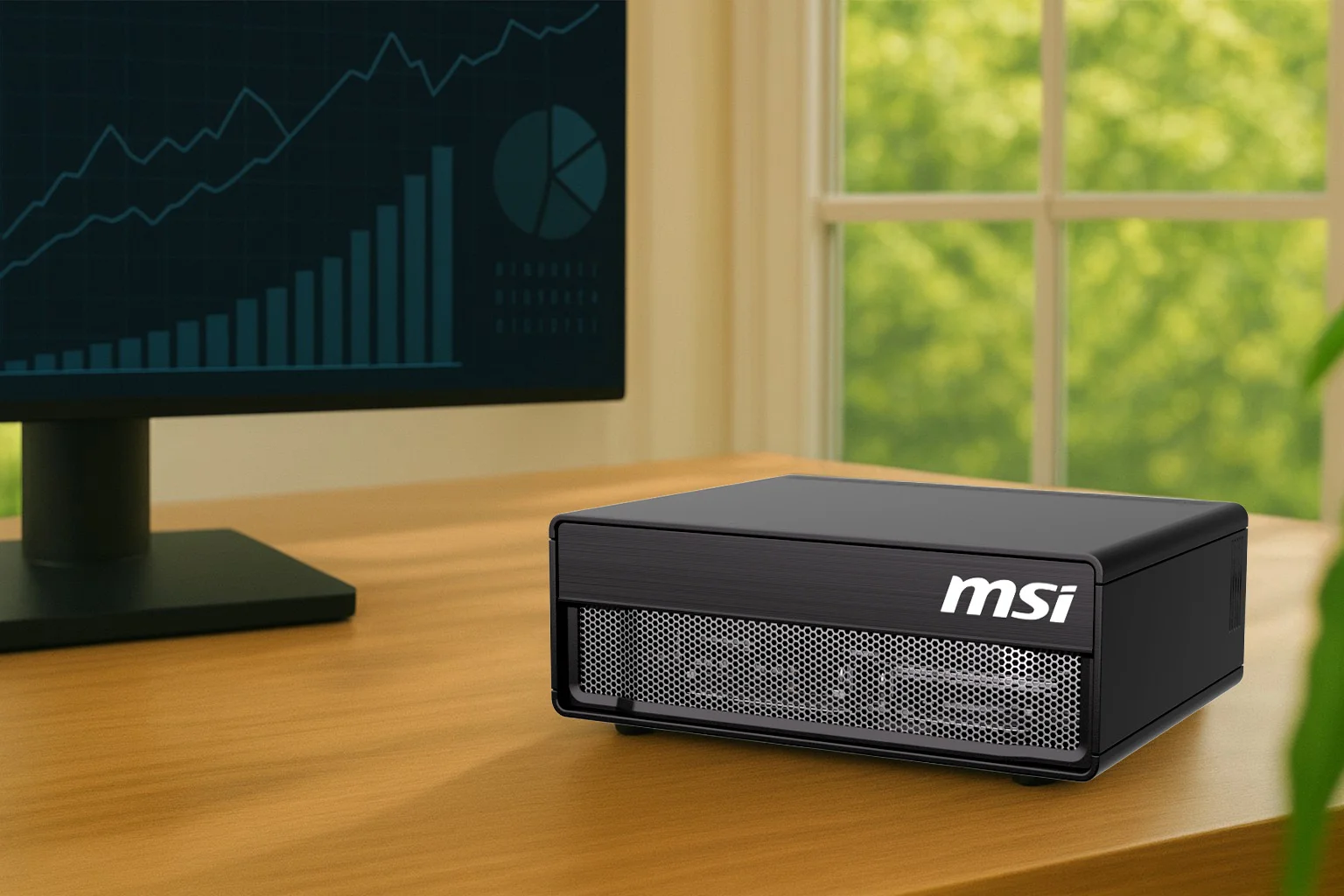 MSI EdgeXpert AI supercomputer on a desk next to a monitor