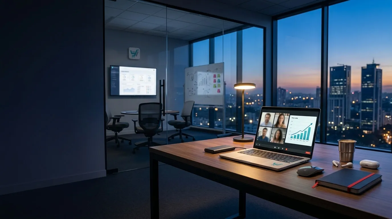 Modern laptop displaying a video conference on a desk in a contemporary office overlooking the Bangalore city skyline at nigh
